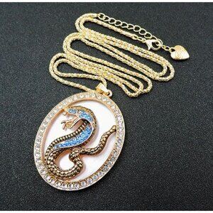 Betsey Johnson Necklace Pink & Blue Crystal Snake Pendant Gold Tone